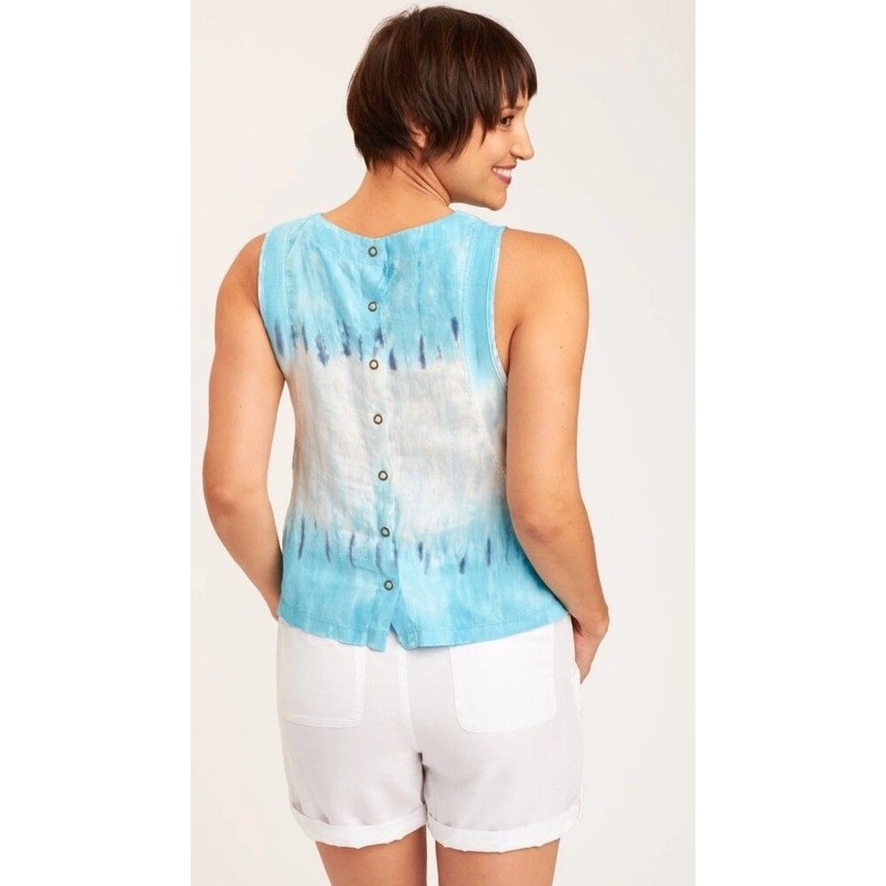 XCVI Linen Judith Tank Mixed Media Top XS Blue Purple Lagenlook Casual Button